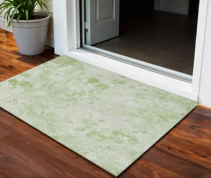 3' X 5' Green And Ivory Floral Washable Indoor Outdoor Area Rug