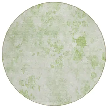 8' Green And Ivory Round Floral Washable Indoor Outdoor Area Rug