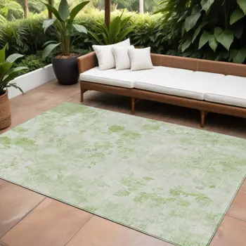 9' X 12' Green And Ivory Floral Washable Indoor Outdoor Area Rug