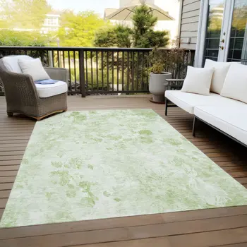 9' X 12' Green And Ivory Floral Washable Indoor Outdoor Area Rug