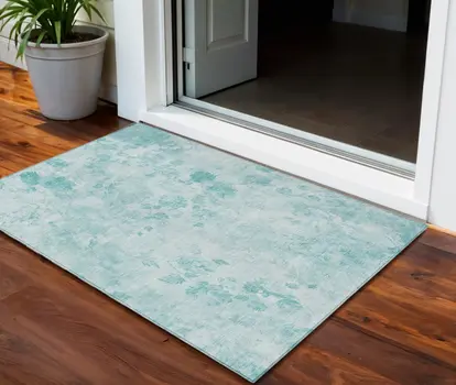 3' X 5' Aqua Teal Blue And Ivory Floral Washable Indoor Outdoor Area Rug