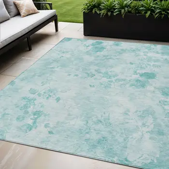 5' X 8' Aqua Teal Blue And Ivory Floral Washable Indoor Outdoor Area Rug