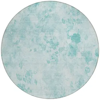 8' Aqua Teal Blue And Ivory Round Floral Washable Indoor Outdoor Area Rug