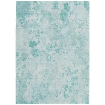 8' X 10' Aqua Teal Blue And Ivory Floral Washable Indoor Outdoor Area Rug