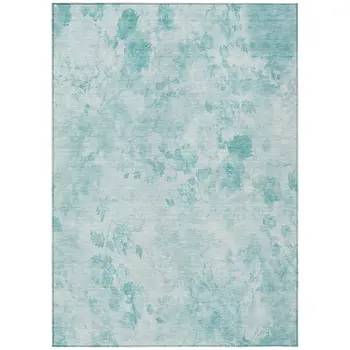 8' X 10' Aqua Teal Blue And Ivory Floral Washable Indoor Outdoor Area Rug