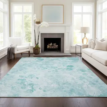 8' X 10' Aqua Teal Blue And Ivory Floral Washable Indoor Outdoor Area Rug