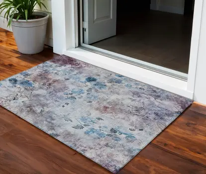 3' X 5' Navy Blue And Sky Blue Floral Washable Indoor Outdoor Area Rug
