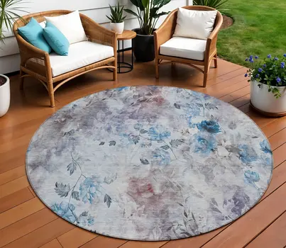 8' Navy Blue And Sky Blue Round Floral Washable Indoor Outdoor Area Rug