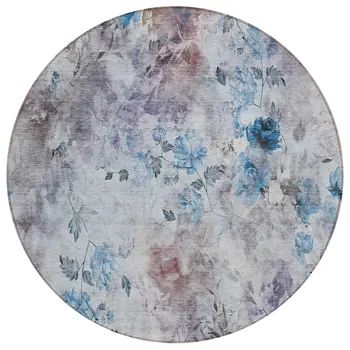 8' Navy Blue And Sky Blue Round Floral Washable Indoor Outdoor Area Rug