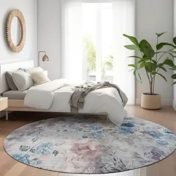 8' Navy Blue And Sky Blue Round Floral Washable Indoor Outdoor Area Rug