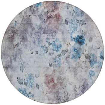 8' Navy Blue And Sky Blue Round Floral Washable Indoor Outdoor Area Rug