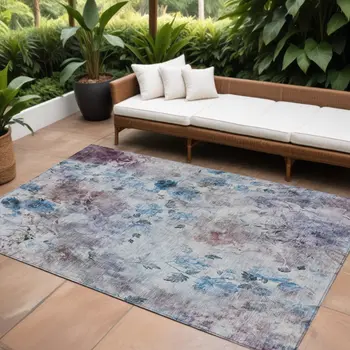 10' X 14' Navy Blue And Sky Blue Floral Washable Indoor Outdoor Area Rug