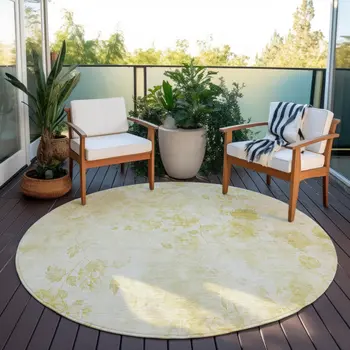 8' Gold Wheat And Ivory Round Floral Washable Indoor Outdoor Area Rug