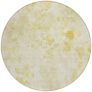 8' Gold Wheat And Ivory Round Floral Washable Indoor Outdoor Area Rug