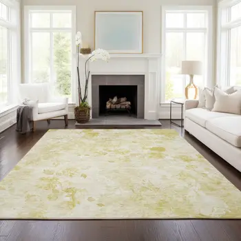 10' X 14' Gold Wheat And Ivory Floral Washable Indoor Outdoor Area Rug
