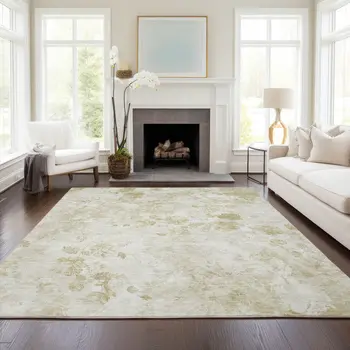 9' X 12' Khaki Beige And Tan Floral Washable Indoor Outdoor Area Rug