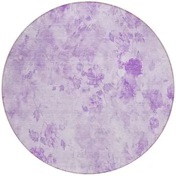 8' Lavender And Purple Round Floral Washable Indoor Outdoor Area Rug