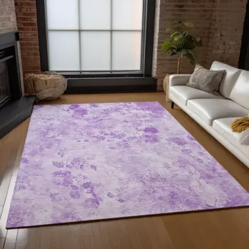 9' X 12' Lavender And Purple Floral Washable Indoor Outdoor Area Rug