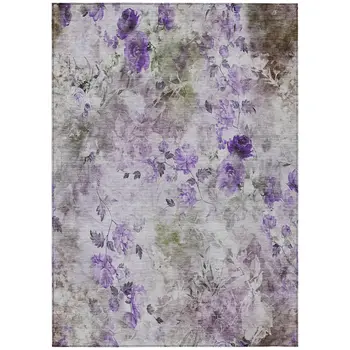 3' X 5' Purple Lavender And Artichoke Green Floral Washable Indoor Outdoor Area Rug
