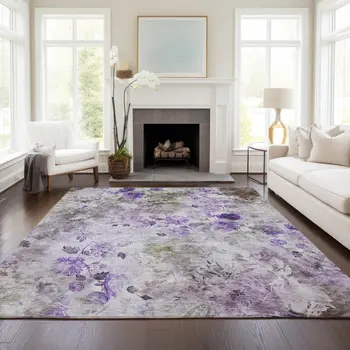 3' X 5' Purple Lavender And Artichoke Green Floral Washable Indoor Outdoor Area Rug