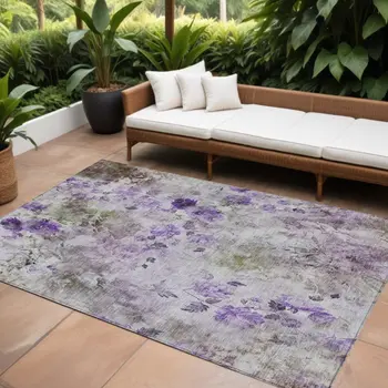 8' X 10' Purple Lavender And Artichoke Green Floral Washable Indoor Outdoor Area Rug
