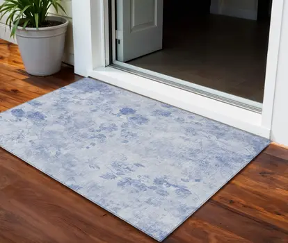 3' X 5' Sky Blue And Denim Blue Floral Washable Indoor Outdoor Area Rug