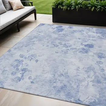 5' X 8' Sky Blue And Denim Blue Floral Washable Indoor Outdoor Area Rug