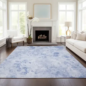 5' X 8' Sky Blue And Denim Blue Floral Washable Indoor Outdoor Area Rug