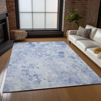 5' X 8' Sky Blue And Denim Blue Floral Washable Indoor Outdoor Area Rug