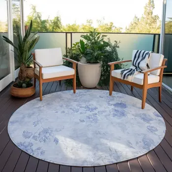 8' Sky Blue And Denim Blue Round Floral Washable Indoor Outdoor Area Rug
