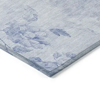 8' Sky Blue And Denim Blue Round Floral Washable Indoor Outdoor Area Rug
