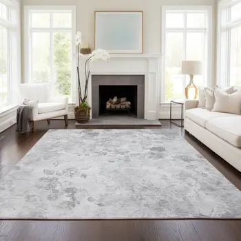 3' X 5' Gray Charcoal And Silver Floral Washable Indoor Outdoor Area Rug