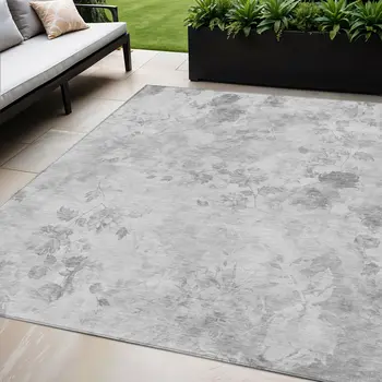 5' X 8' Gray Charcoal And Silver Floral Washable Indoor Outdoor Area Rug