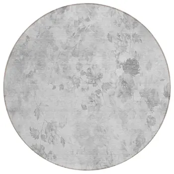 8' Gray Charcoal And Silver Round Floral Washable Indoor Outdoor Area Rug