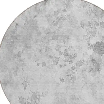 8' Gray Charcoal And Silver Round Floral Washable Indoor Outdoor Area Rug