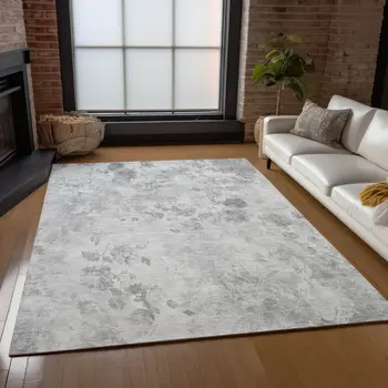 10' X 14' Gray Charcoal And Silver Floral Washable Indoor Outdoor Area Rug