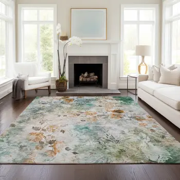5' X 8' Teal Blue And Green Floral Washable Indoor Outdoor Area Rug