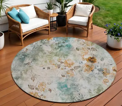 8' Teal Blue And Green Round Floral Washable Indoor Outdoor Area Rug