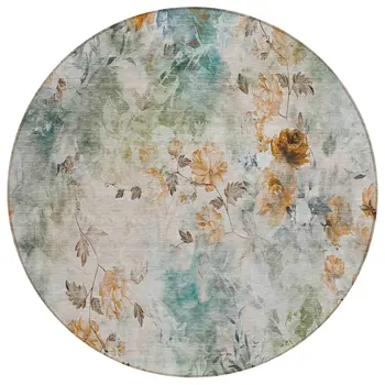 8' Teal Blue And Green Round Floral Washable Indoor Outdoor Area Rug