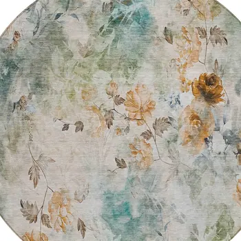 8' Teal Blue And Green Round Floral Washable Indoor Outdoor Area Rug