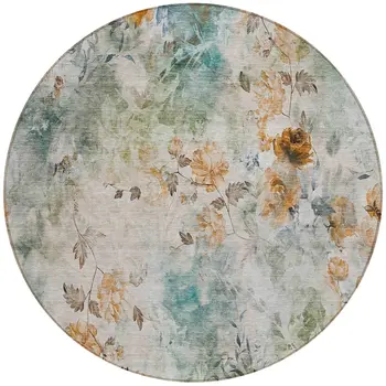 8' Teal Blue And Green Round Floral Washable Indoor Outdoor Area Rug