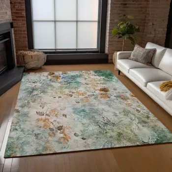 8' X 10' Teal Blue And Green Floral Washable Indoor Outdoor Area Rug
