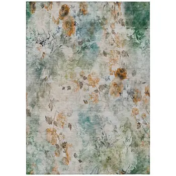 9' X 12' Teal Blue And Green Floral Washable Indoor Outdoor Area Rug