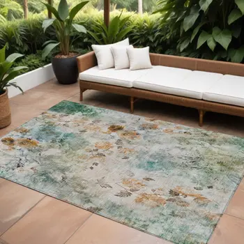 10' X 14' Teal Blue And Green Floral Washable Indoor Outdoor Area Rug