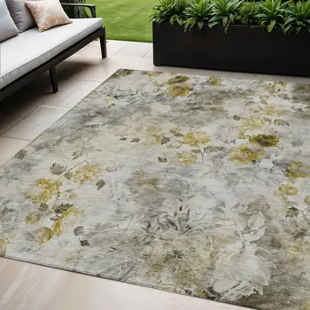 5' X 8' Taupe Ivory And Tan Floral Washable Indoor Outdoor Area Rug