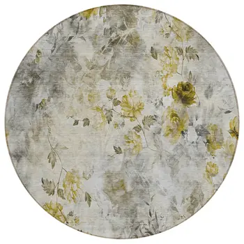 8' Taupe Ivory And Tan Round Floral Washable Indoor Outdoor Area Rug