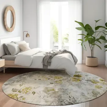 8' Taupe Ivory And Tan Round Floral Washable Indoor Outdoor Area Rug