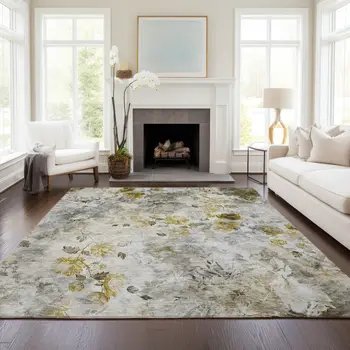 10' X 14' Taupe Ivory And Tan Floral Washable Indoor Outdoor Area Rug