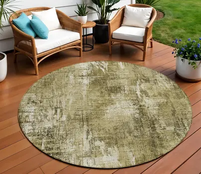 8' Brown Taupe And Ivory Round Abstract Washable Indoor Outdoor Area Rug
