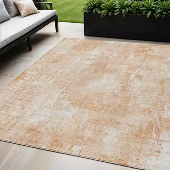 5' X 8' Coral Peach And Ivory Abstract Washable Indoor Outdoor Area Rug